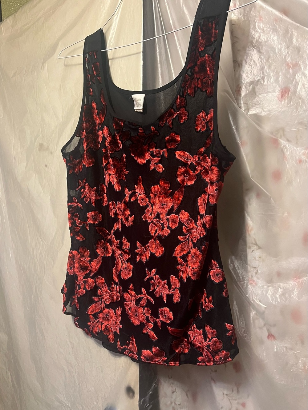 Sleeveless Black Tank Top with Red Floral Burnout Velvet size Medium